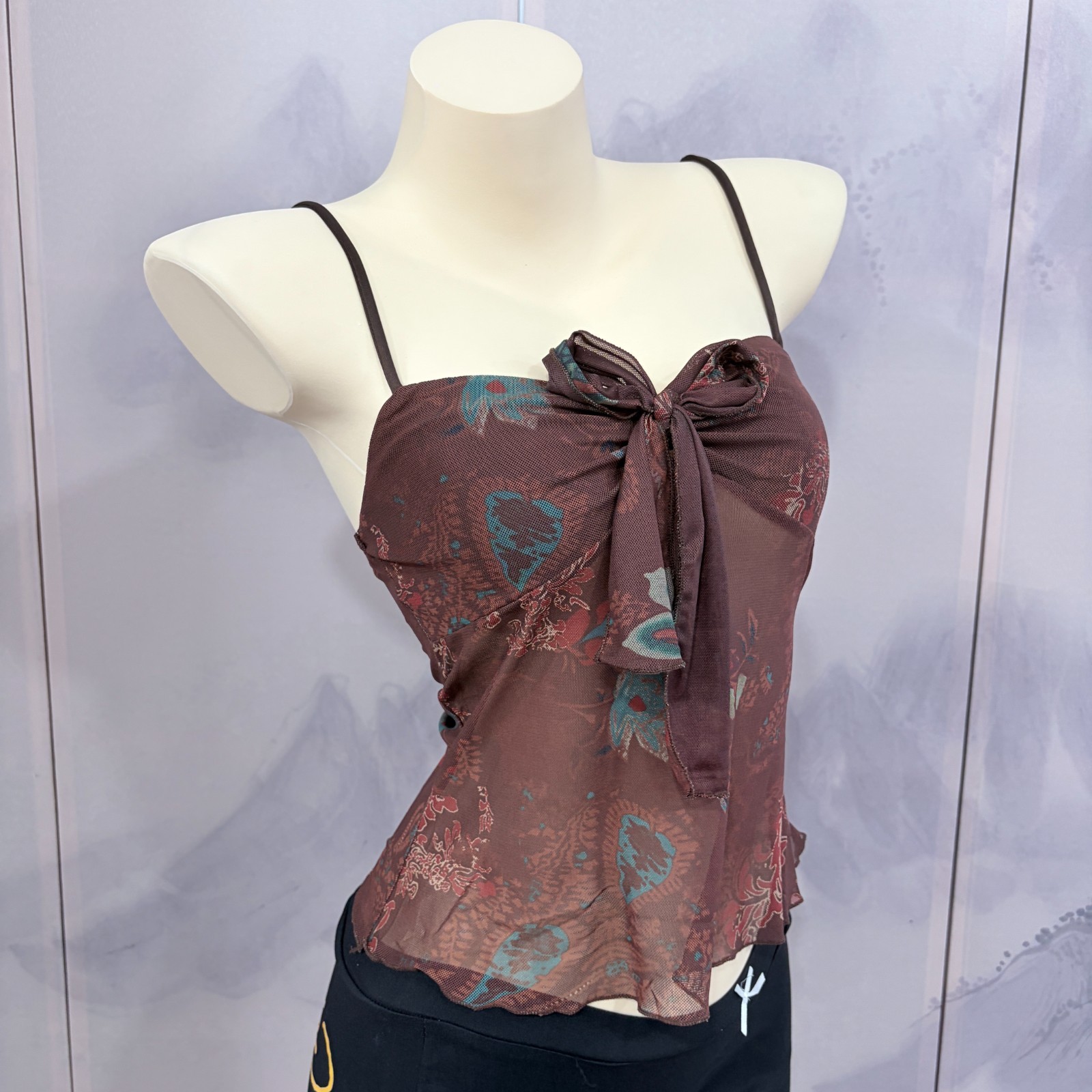 Vintage Floral Mesh Tie Front Cami Top