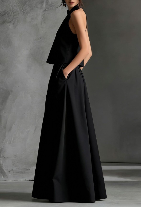 Women Sleeveless Halter Crop Top High Waist Wide Leg Pants 2 Piece Outfit Set