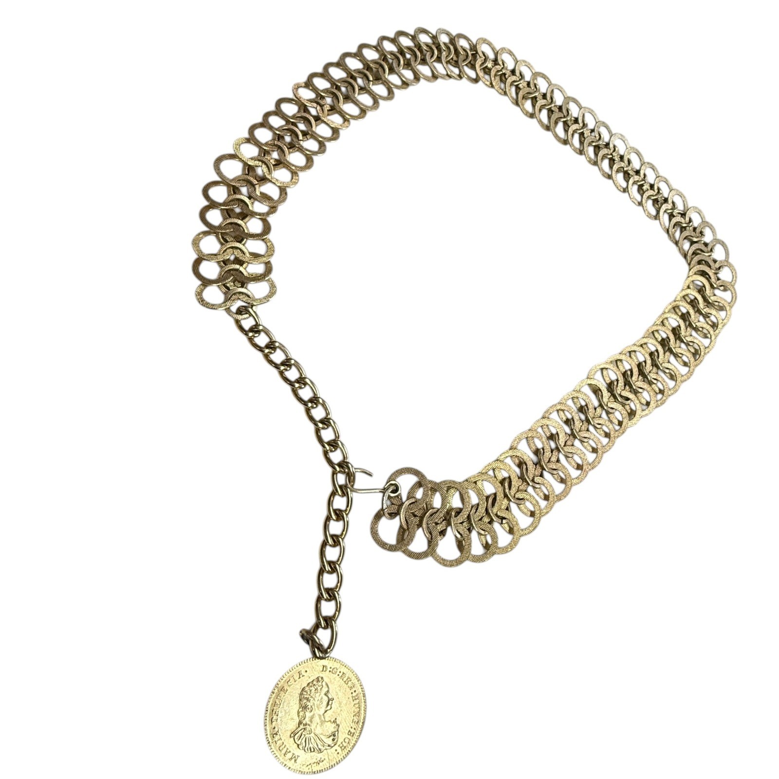 Vintage Gold Tone Textured Multi Link Chain Belt Maria Theresia Coin Charm 1780
