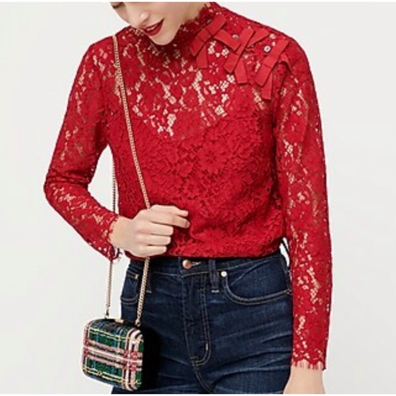 J.Crew Shirt Lace Bow Womens 0 Red High Neck Victorian Romantic Elegant Coquette