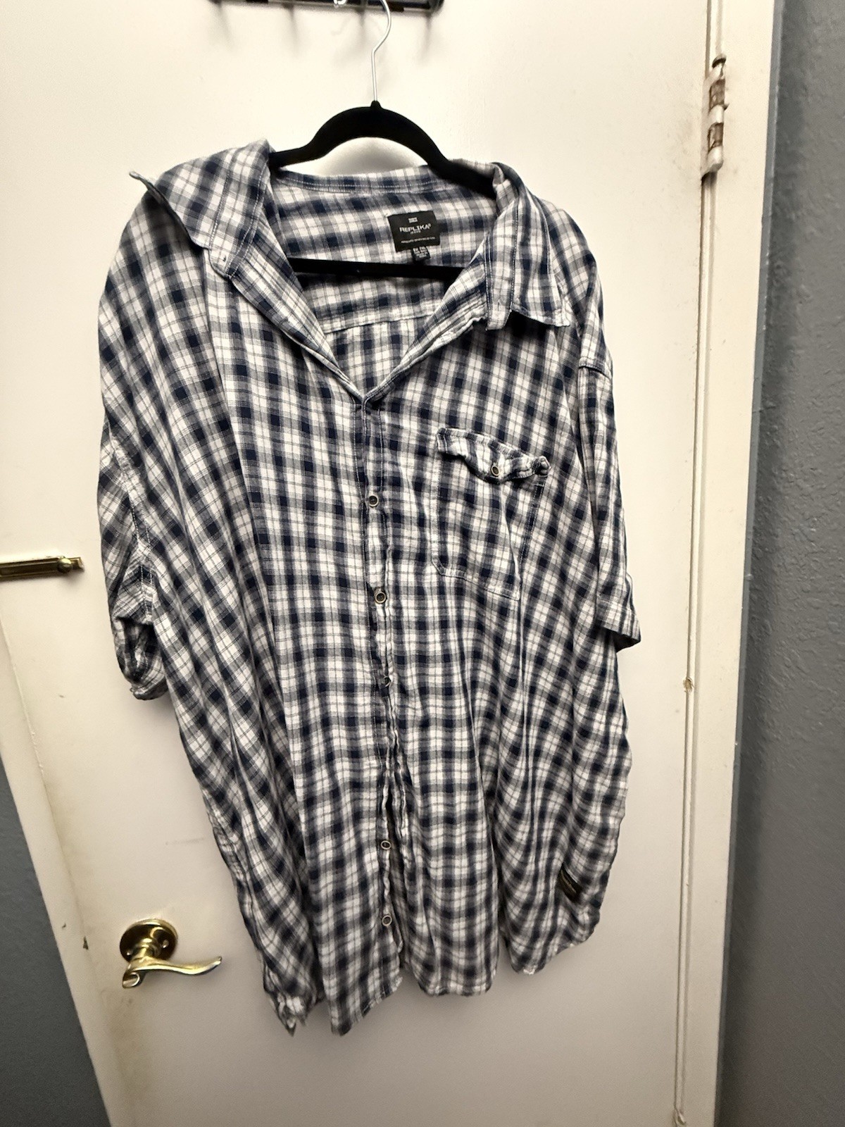 Replika Men’s Blue/White/Grey Plaid Short Sleeve Button Up Shirt Big & Tall 7XL