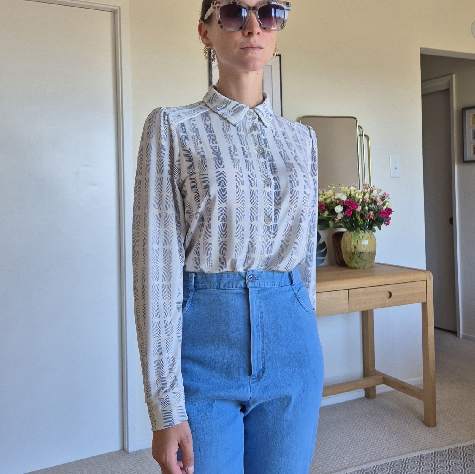 Rachel Zoe Geometric Collared Button Front Long Sleeve Blouse White/Blue S