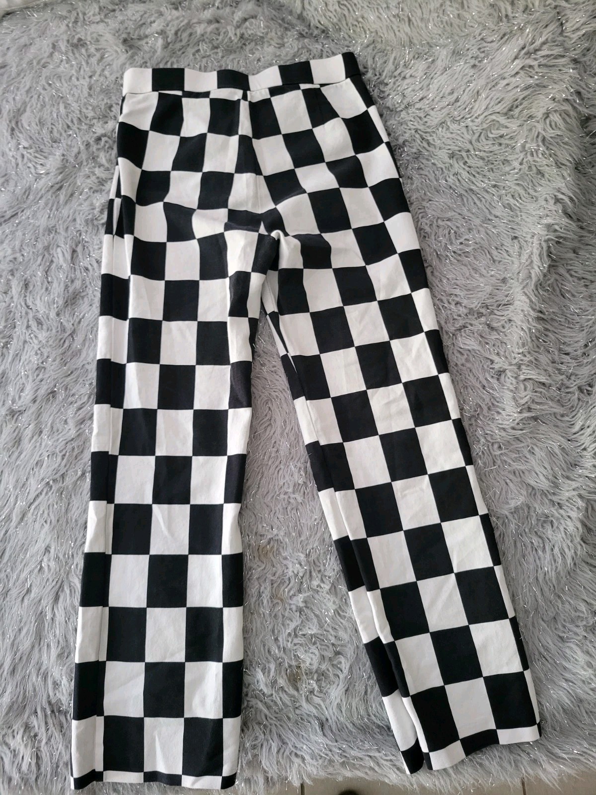 NEW Zara Checkered Pants Black White Large Block Ankle Cropped Straight Leg 5