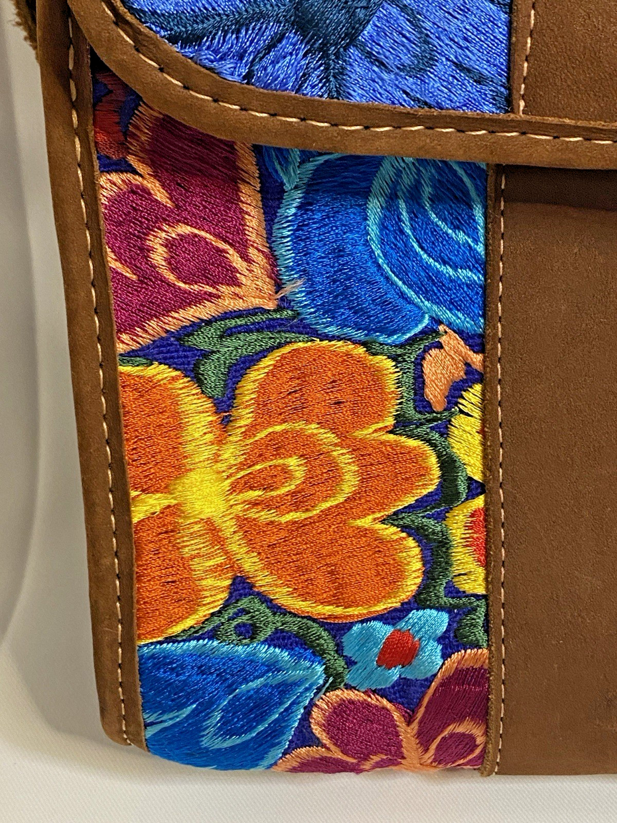 Floral Embroidered Small Women’s Crossbody Bag Magnetic Closure Brown Strap
