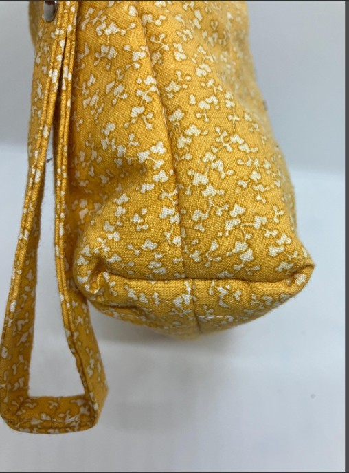 Small zipper wristlet pouch, upcycled purse accessories, yellow swirl fabric