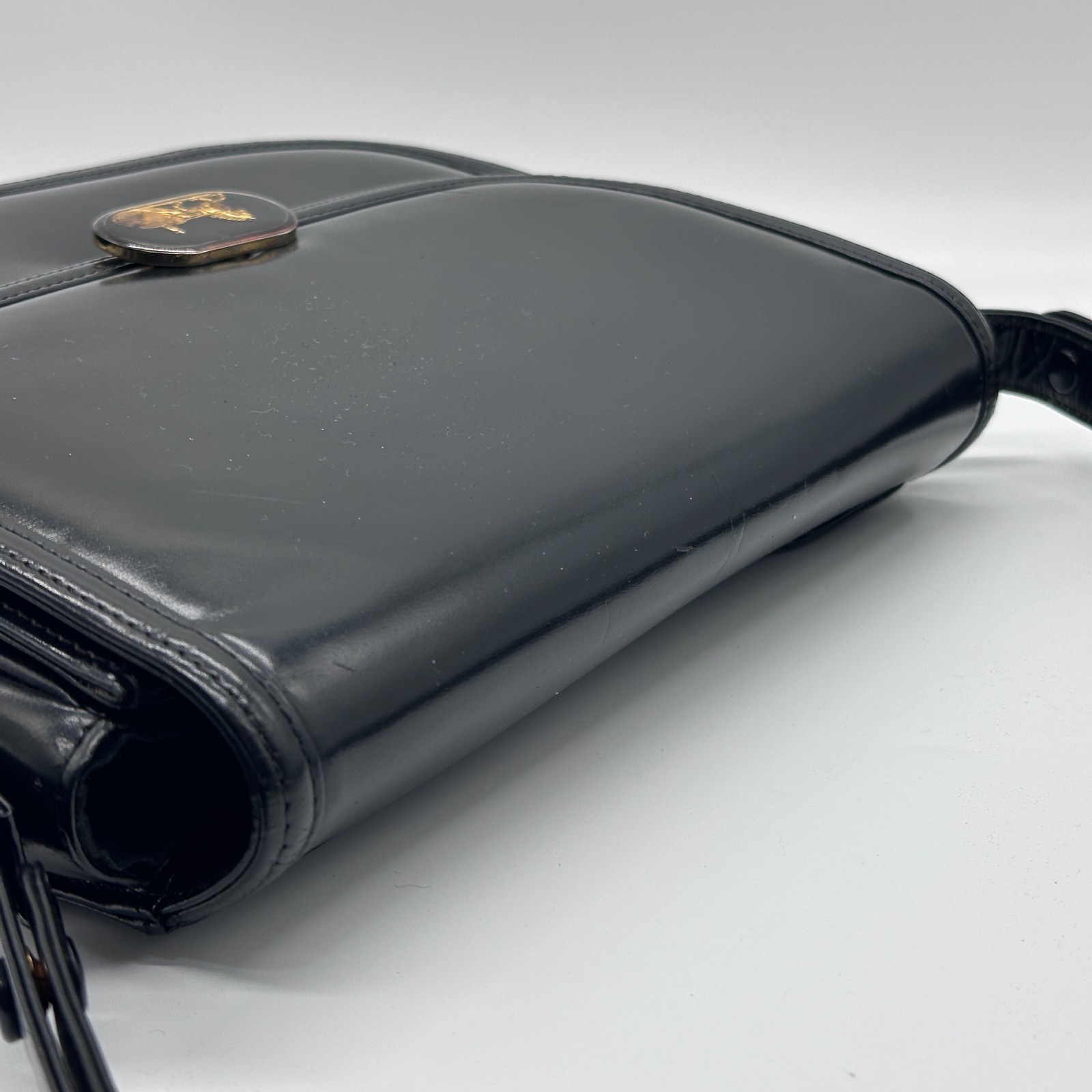 CELINE Shoulder Bag Handbag Horse Black Leather Carriage Purse Vintage Authentic
