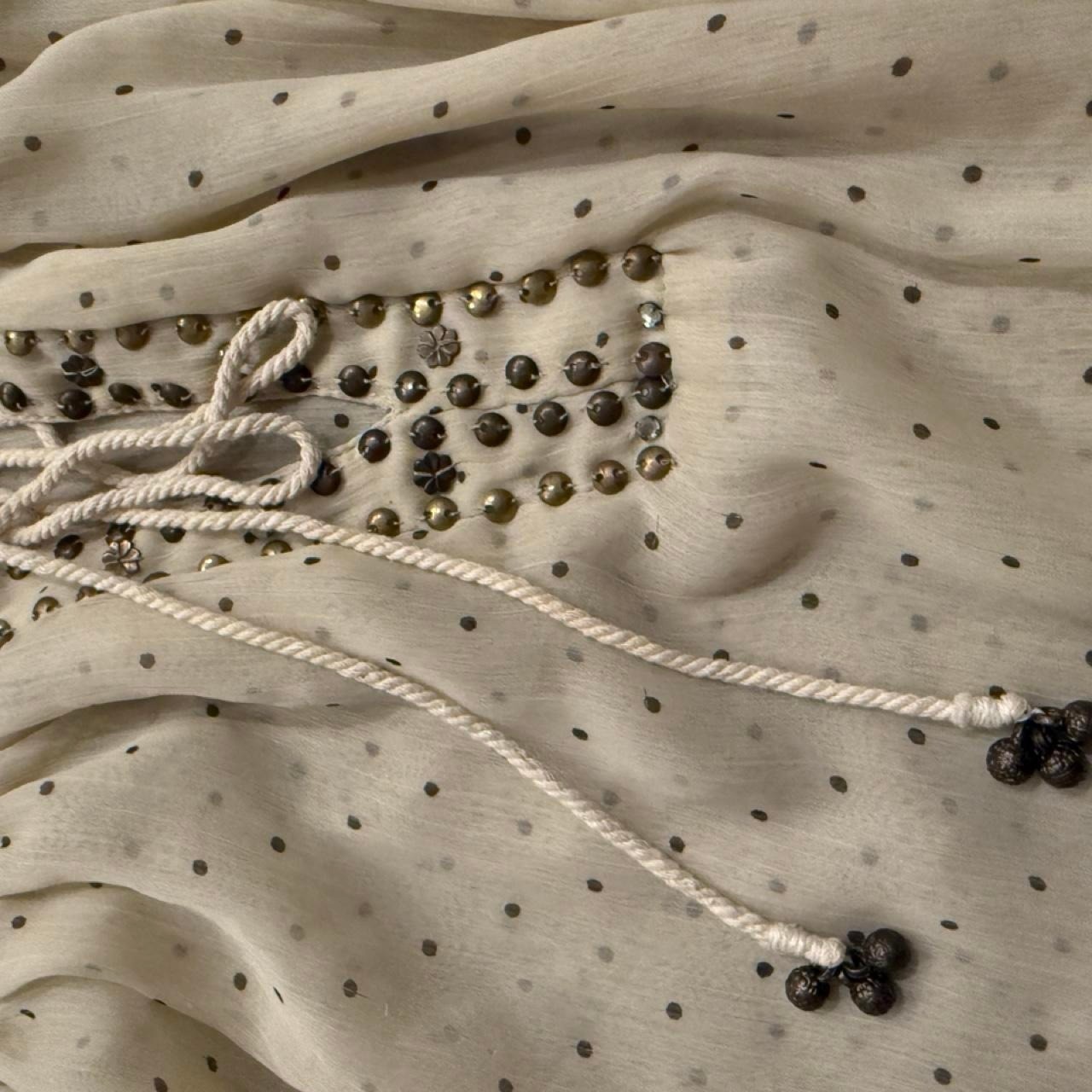 Vintage Y2K cream polka dot boho blouse black studs sequins and beading size 2xl