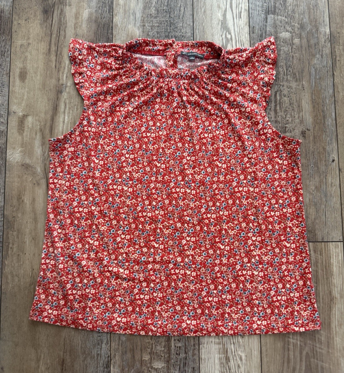 Adrianna Papell Women’s Red Floral Ruffle Round Neck Sleeveless Blouse Size L