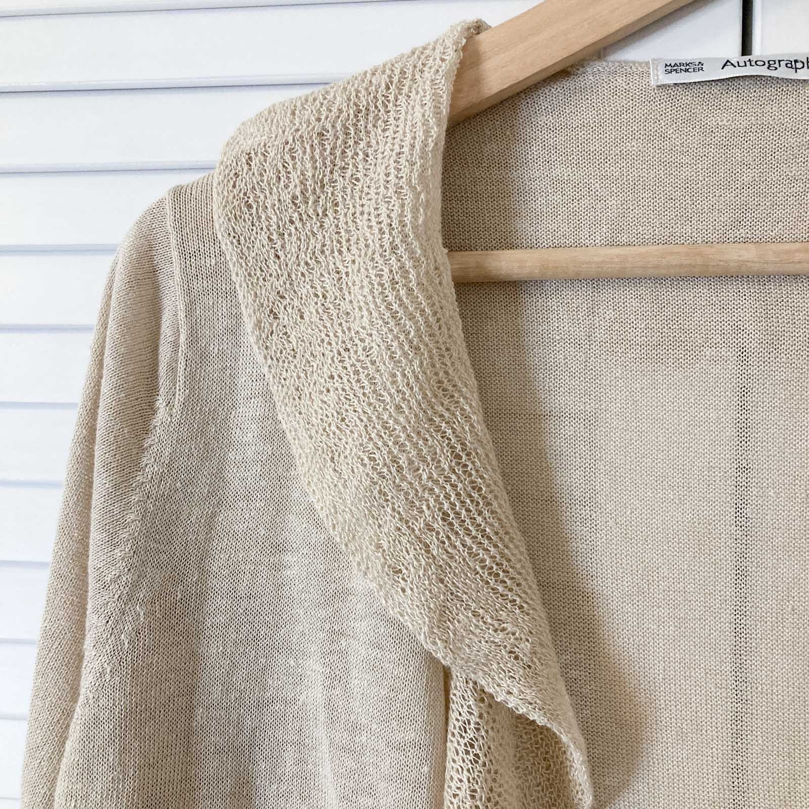 Autograph M&S Cardigan Size 12 Natural Beige Linen Blend Frill Trim Longline