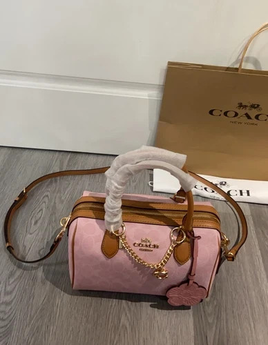 Coach Rowan Satchel Bag Signature Canvas With Charms Gold/Powder Pink CEA18 New