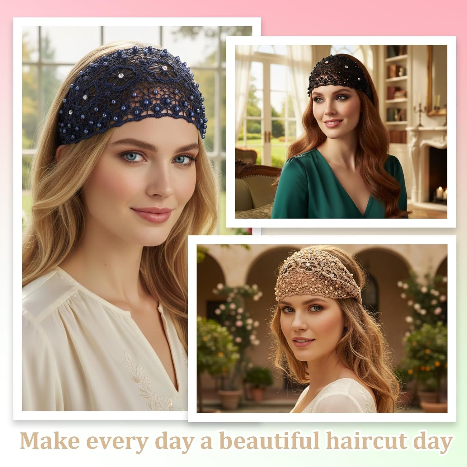 3 Pack Wide Lace Headband for Women Wide Floral Pearl Lace Head Wrap Boho Style