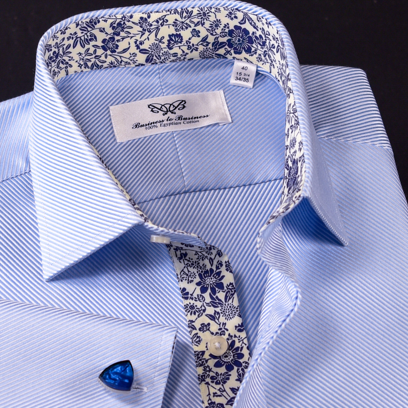Elegant Blue Twill Double Ply 80’s Fine Wevon Formal Business Shirts Floral Inne