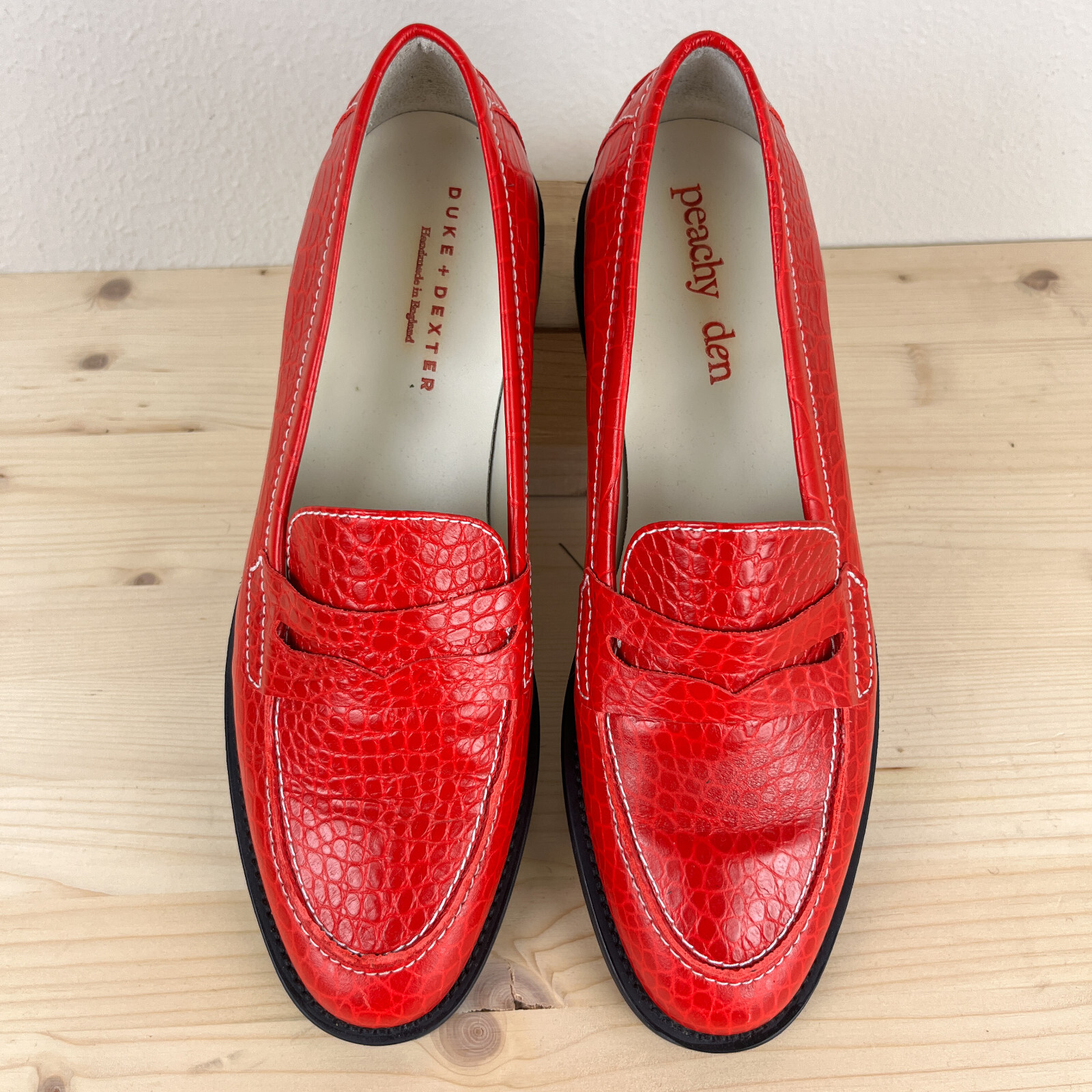 Duke + Dexter x Peachy Den Loafers Womens UK 8 Red Crocodile Stamp Leather Rare