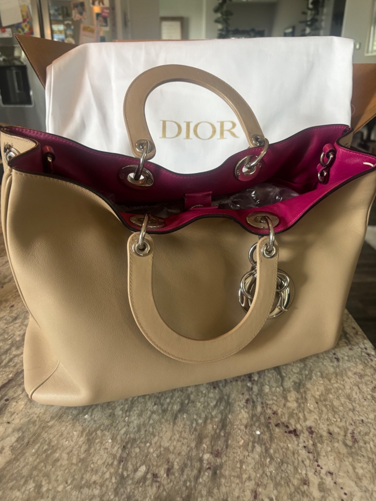 Authentic CHRISTIAN DIOR Diormissimo Tote Beige Taupe Fuchsia Interior