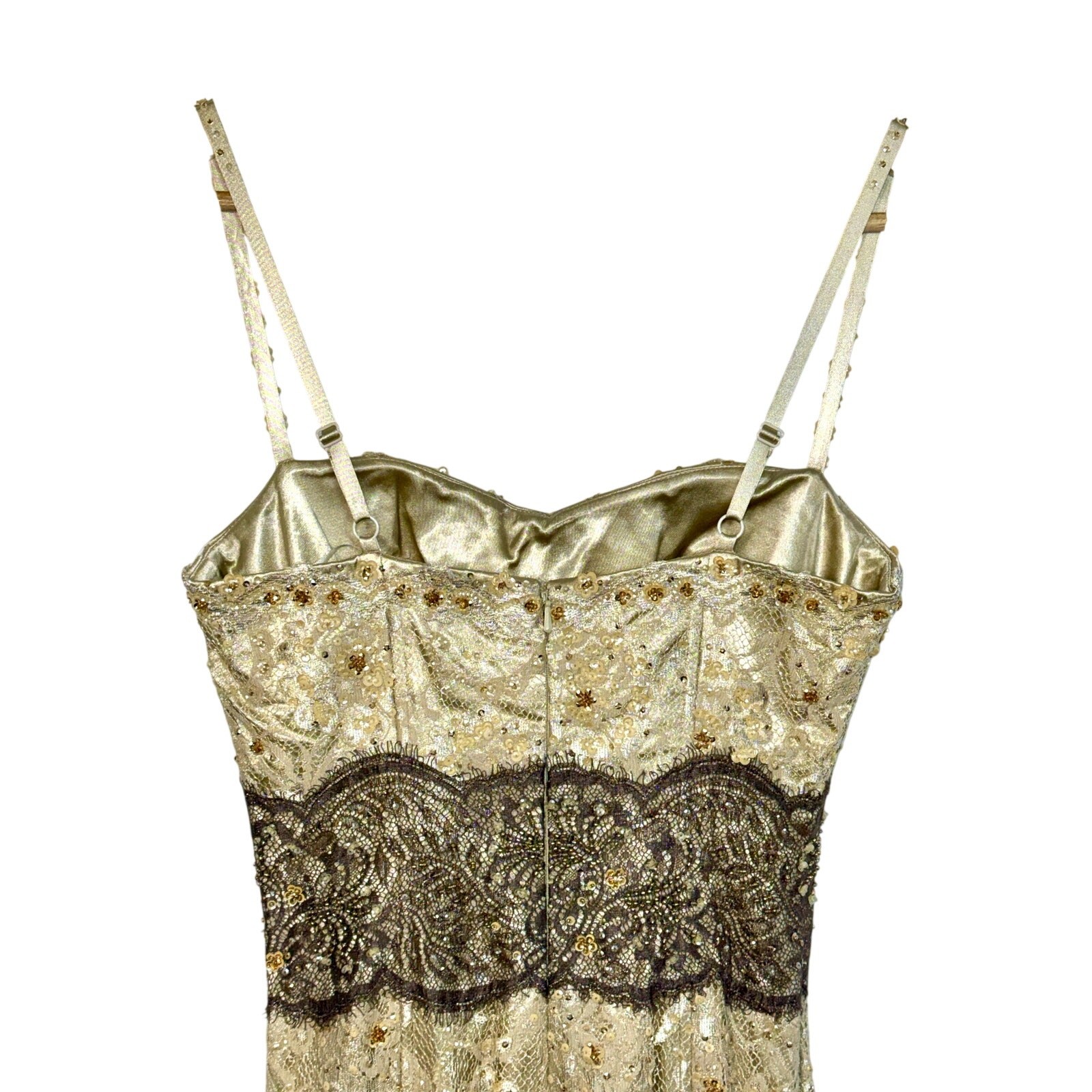 NWT Mandalay Champagne Gold Lace Beaded Sequin Long Mermaid Evening Gown Size 8