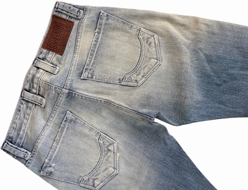 Rockabilly Light Wash Blue Denim Straight Jeans Distressed 5-Pocket Button Logo