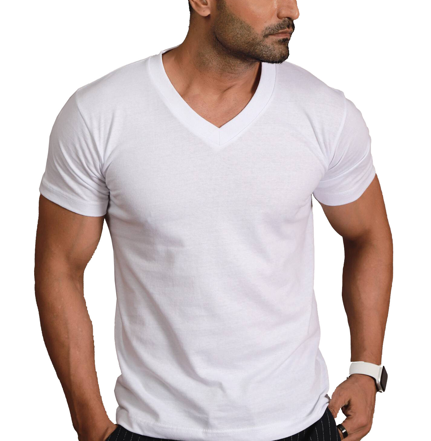 Men’s Classic Fit Thick Collar Heavyweight Cotton Off White V-Neck T-Shirt – S