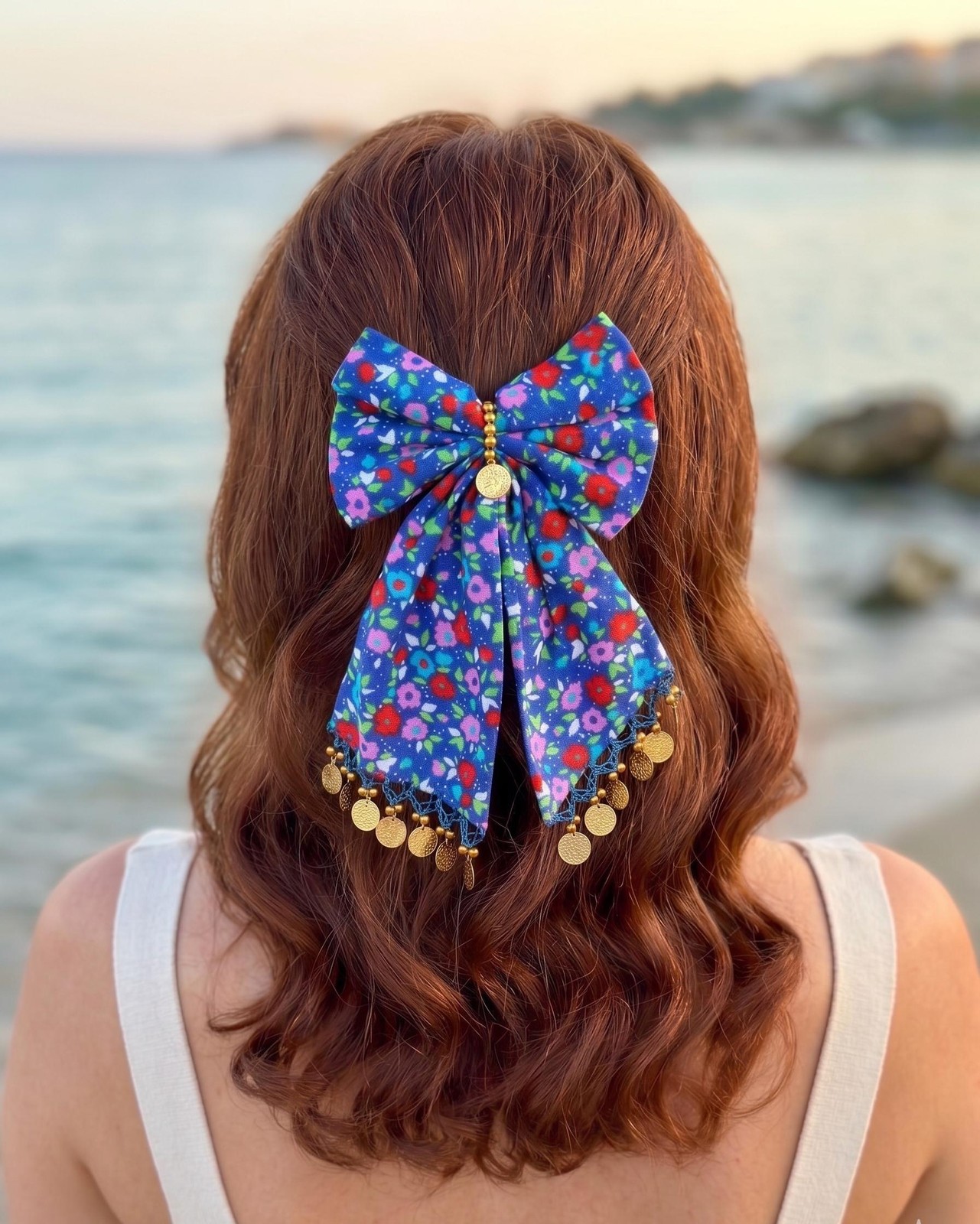 Gold-Toned Handmade Floral Hair Bow with Coin Trim Unique Boho Vintage Turkish