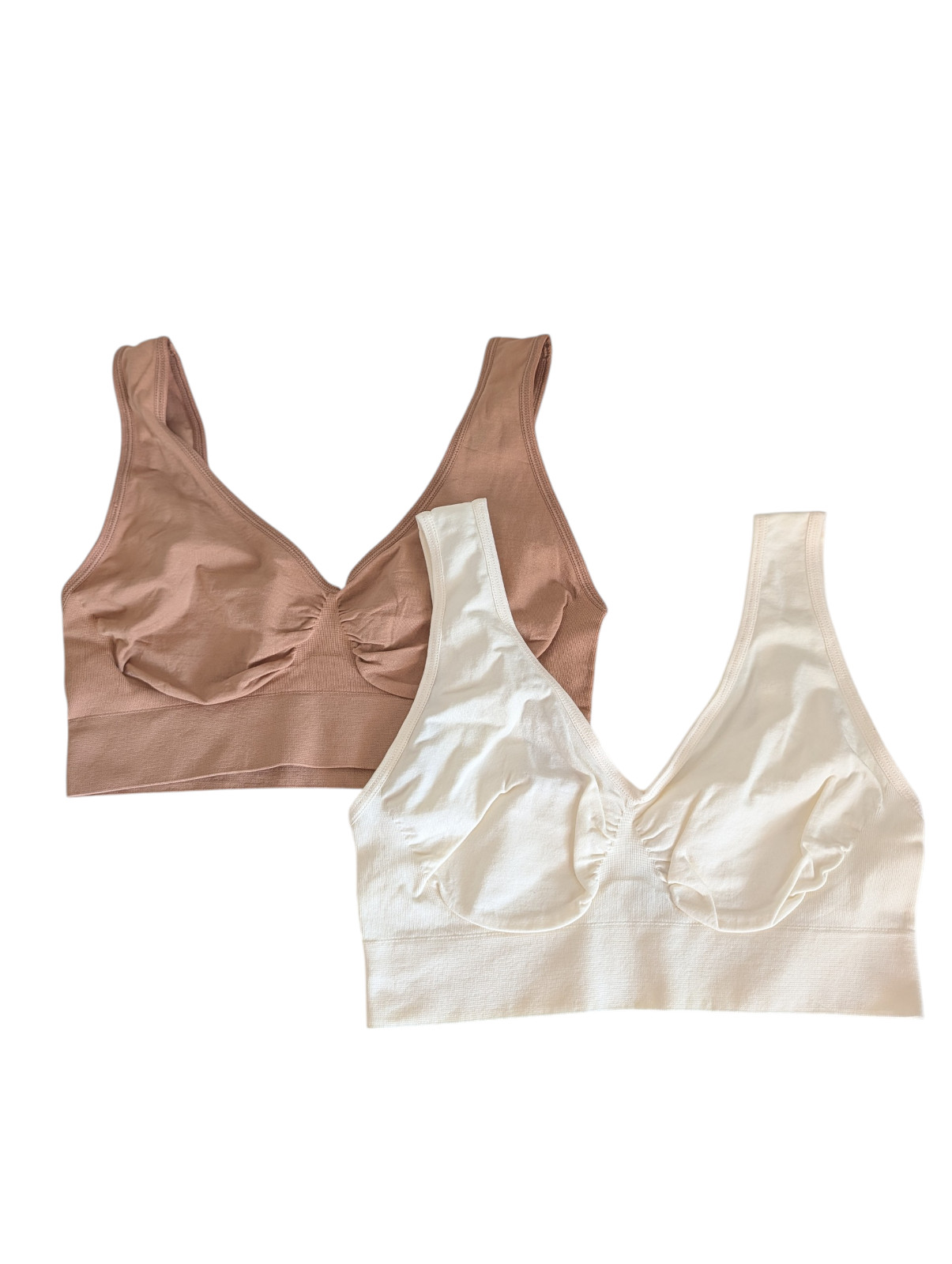 Rhonda Shear 2-pack Ahh Seamless Bra Brown/Cream Size Large New Wireless