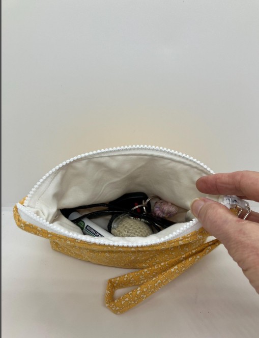 Small zipper wristlet pouch, upcycled purse accessories, yellow swirl fabric
