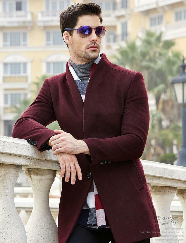 Men’s Wool Blend Mid Length Jacket Formal Stand Collar Slim Trench Coat Oversize