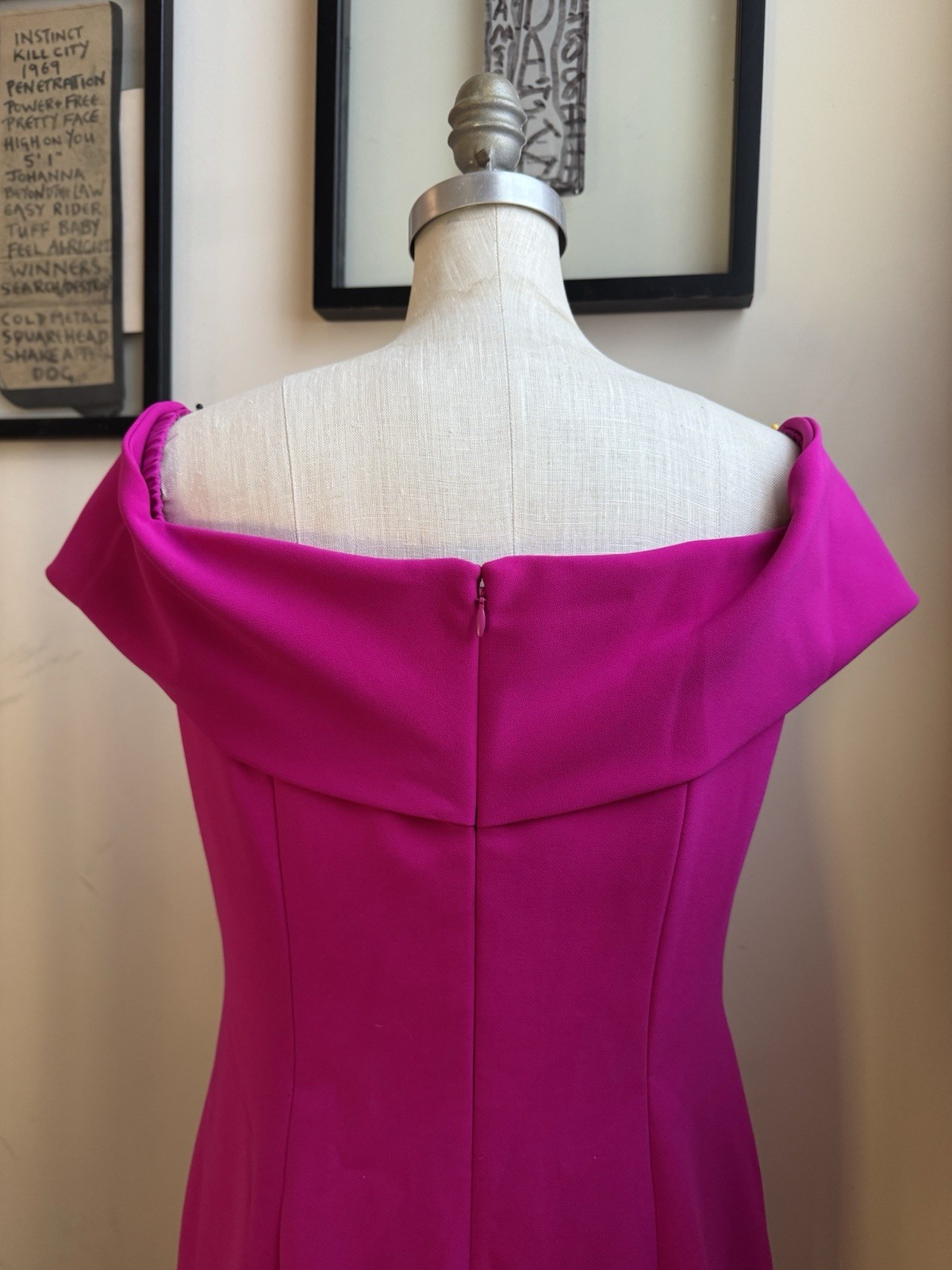 Theia Off Shoulder Column Gown Formal Dress Hot Barbie Pink Fuchsia size 10