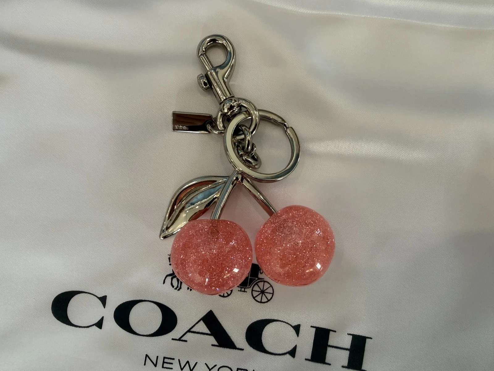 Coach Pink Cherry Apple Bag Charm Keychain Resin Metal Brass Purse Decoration