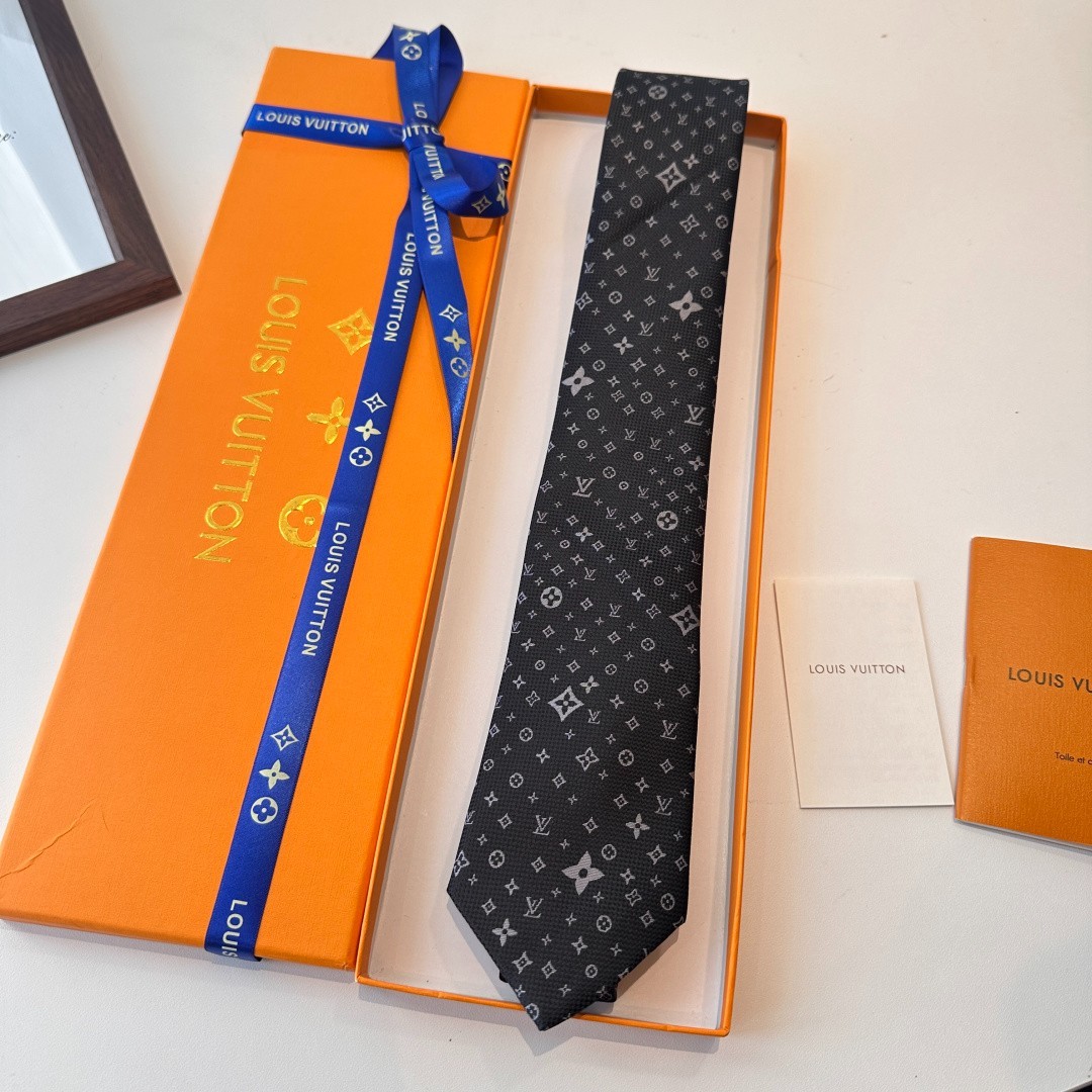 L.V. Paris Designer Silk Tie Black Grey Monogram Pattern Luxury Necktie w/ Box