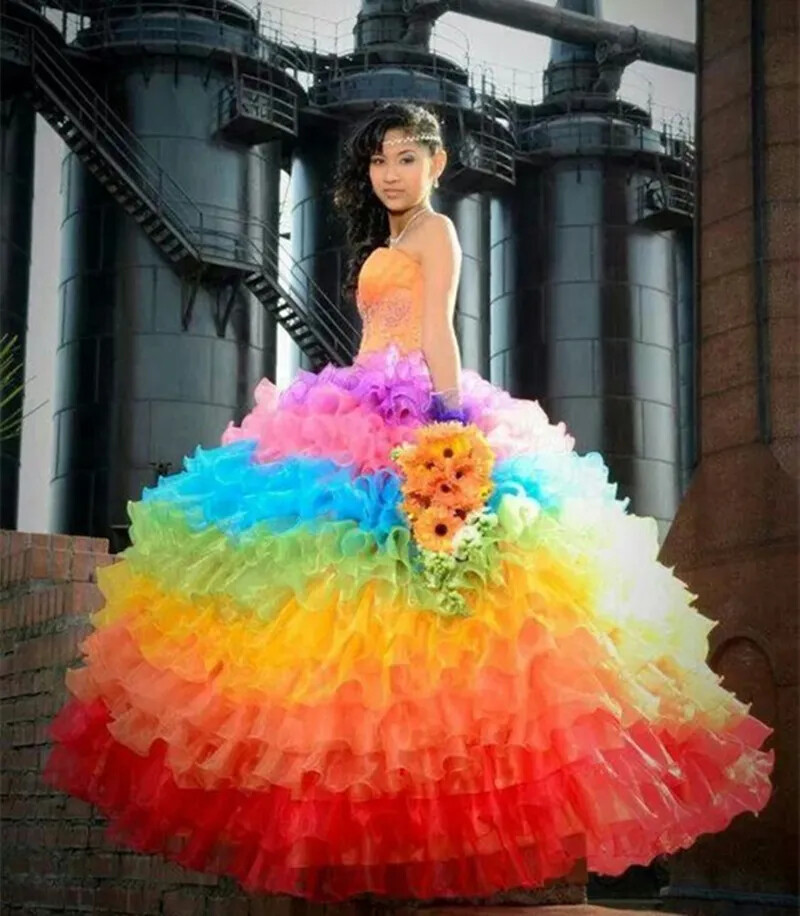 Rainbow Colorful Ball Prom Dresses Tiered Organza Lace Applique Bridal Gowns
