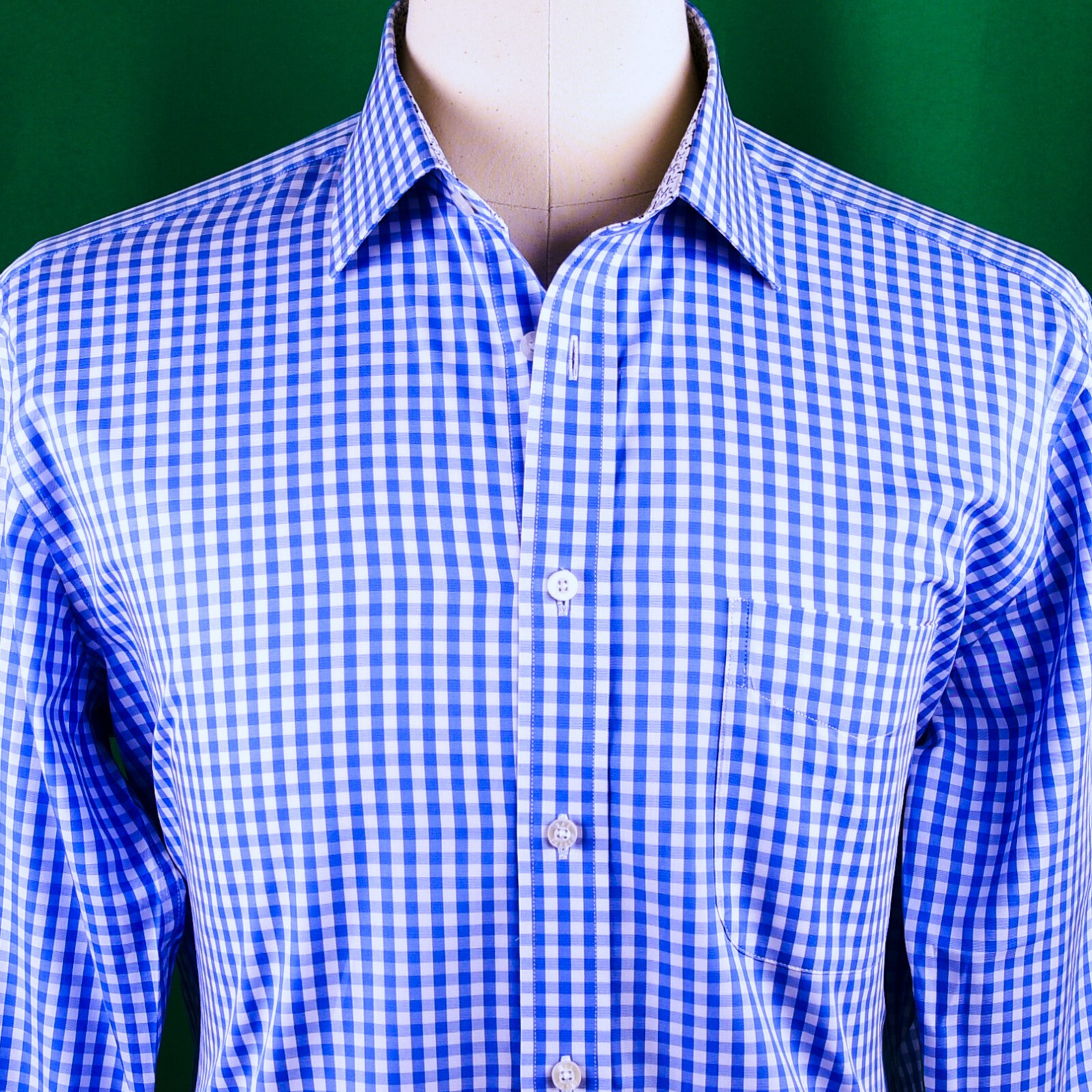 Blue Gingham Check Formal SLIM Dress Shirt Subtle Plaids Windmill inner lining