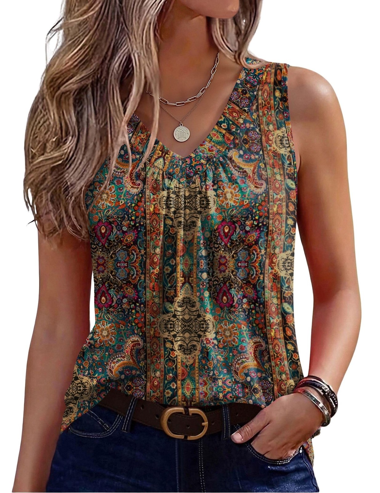 Women’s Sleeveless V Neck Floral Tank Top, Loose Fit Casual Summer Blouse