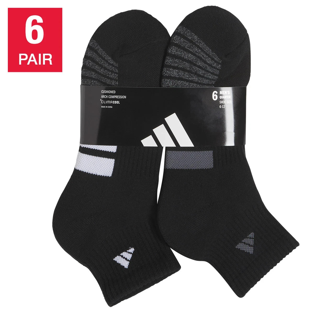 adidas Men’s Quarter Socks 6 Pair Pack Climacool Cushioned Athletic Black White