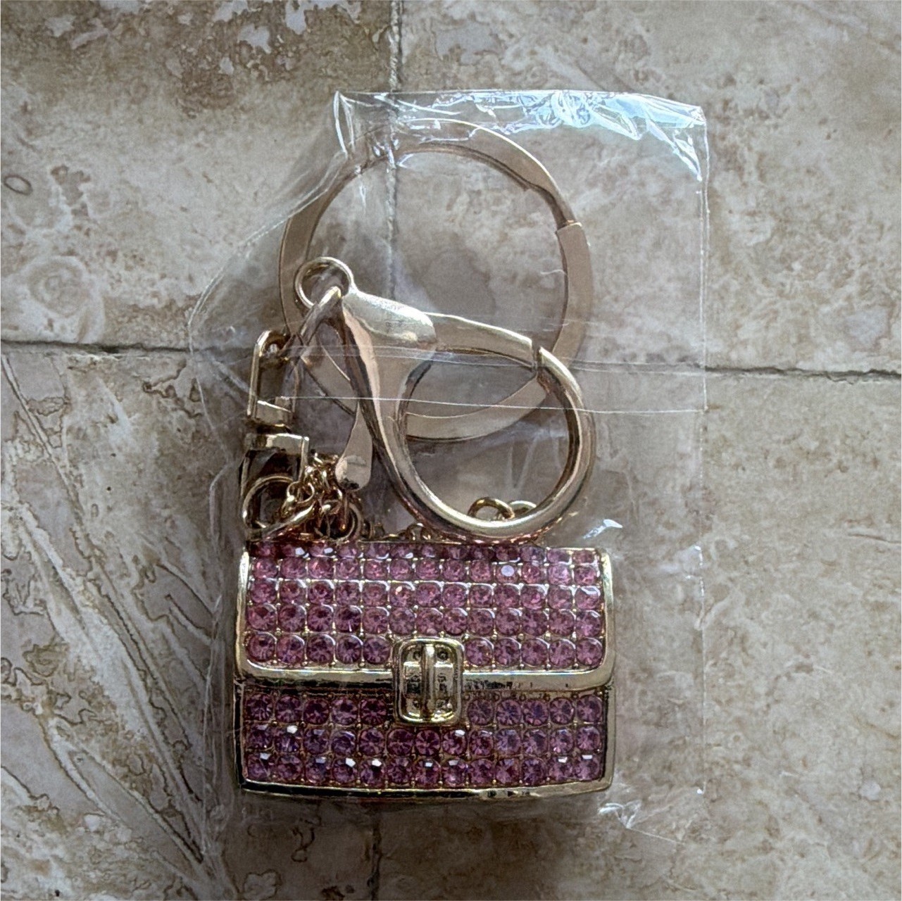 Pink Gold Rhinestone Purse Key Chain Charm Metal Bling Women