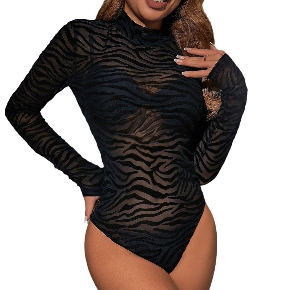 Womens Bodysuit Jumpsuit Tops Lightweight Long Sleeve Romper See Though Sexy