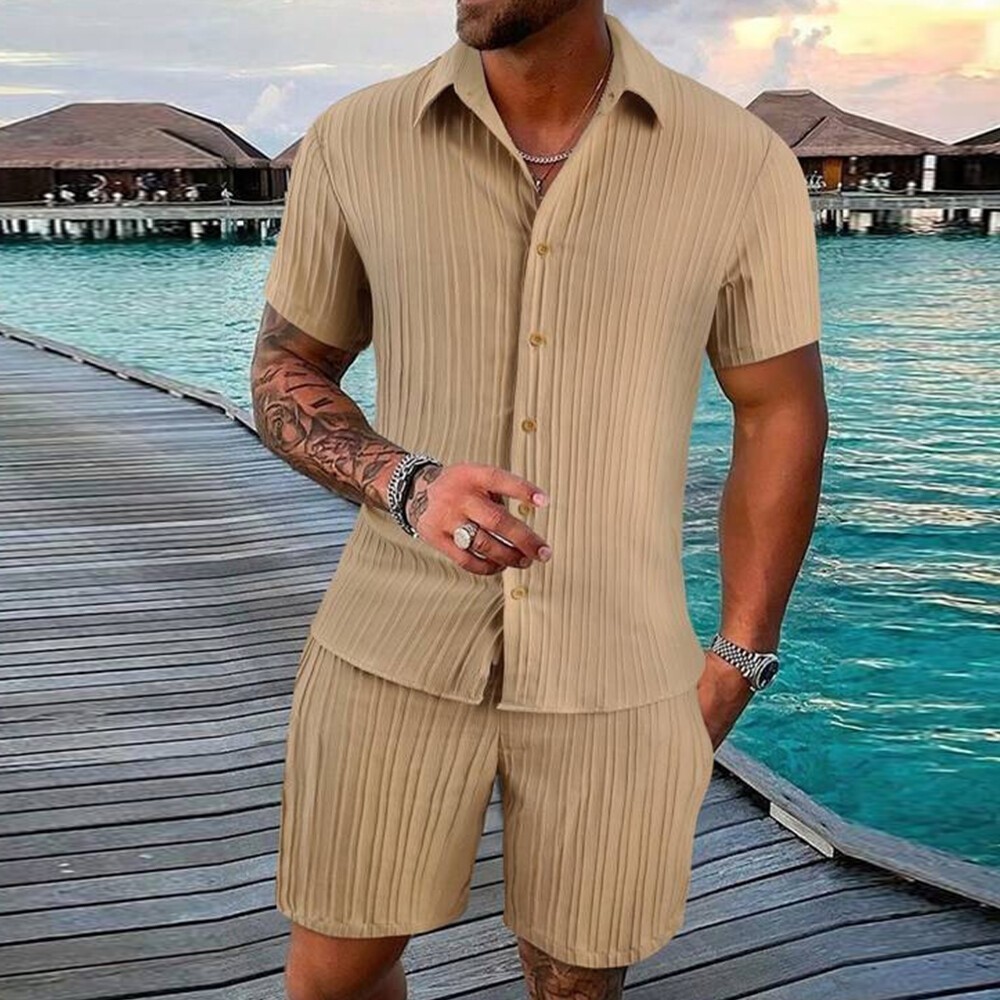 2026 Men 2 Set Short Sleeve Button Shirt Shorts Suit Tops+Shorts T Shirts Casual