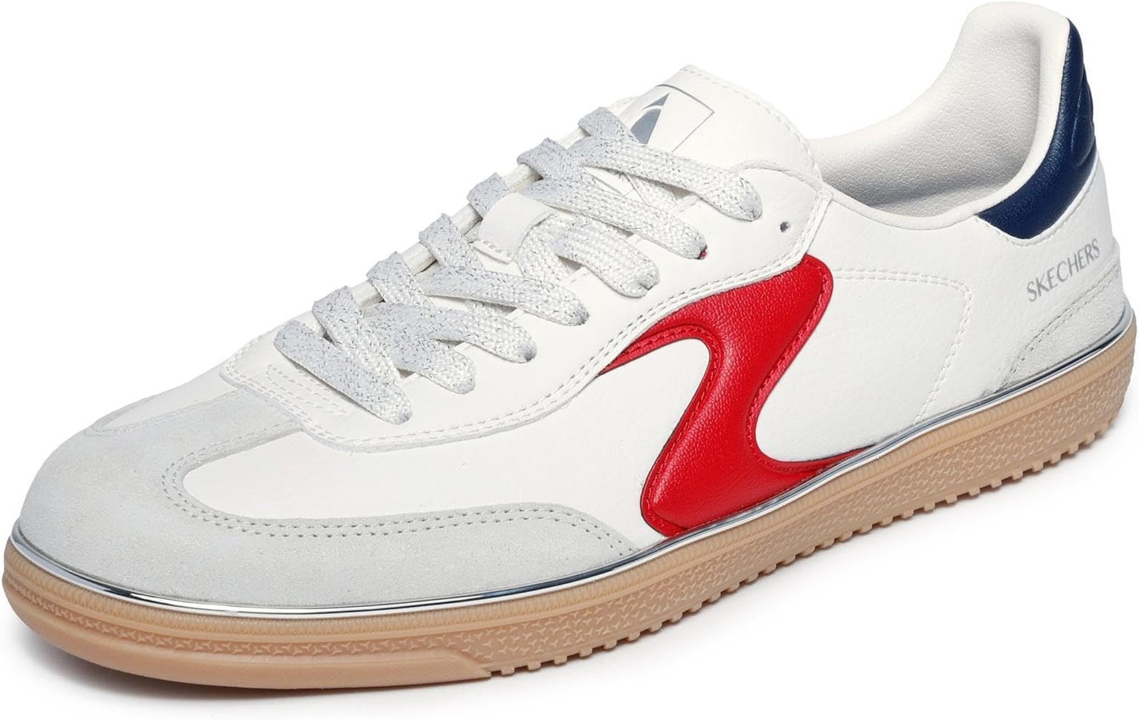 Skechers Womens Hotshots Living Luxe – White Duraleather Leather Navy Red Trim –