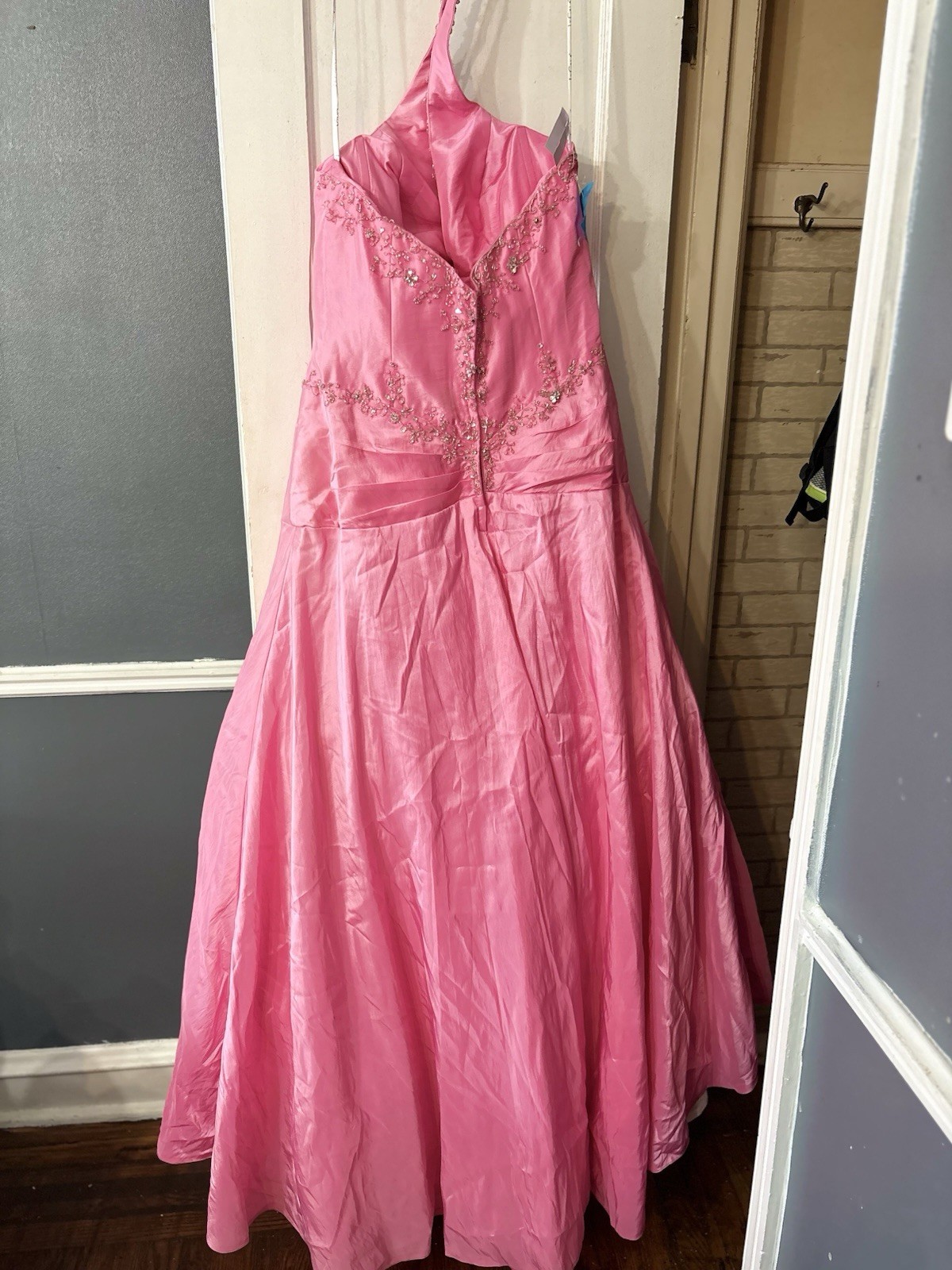Pink Satin Halter Sleeveless Beaded Sequin Formal Ball Gown Long Dress 16