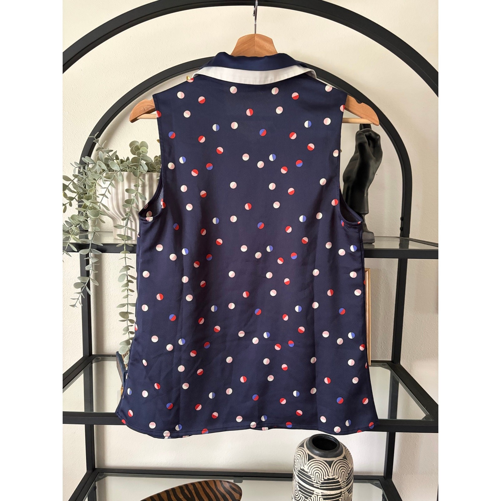 ModCloth Sleeveless Peter Pan Collar Blouse Womens Small Navy Polka Dot Retro