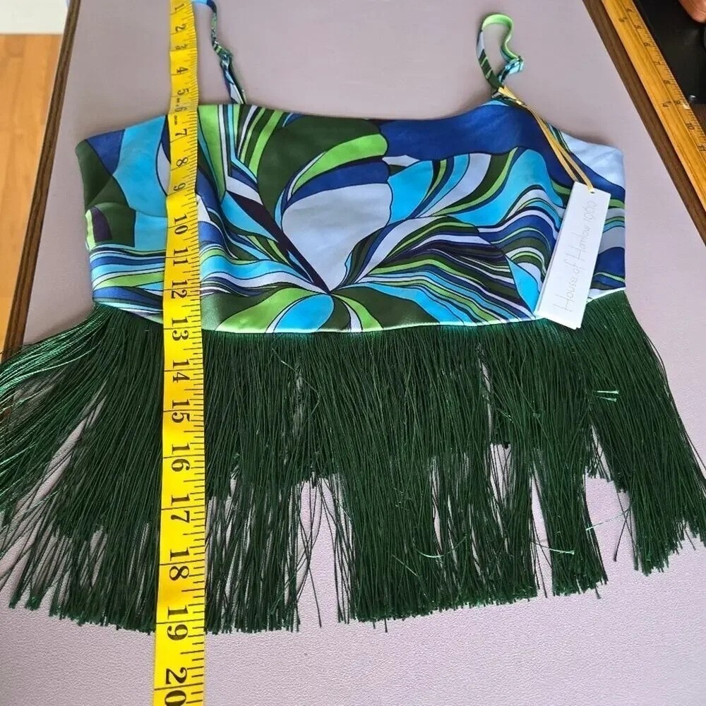 House of Harlow Blue Green Swirl Fringe Skirt Set Size XS Retro Luxe Miami Chic