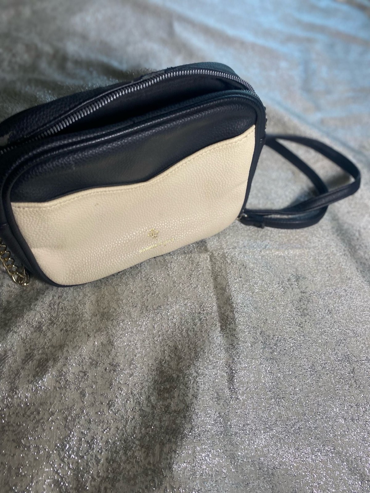Nanette Lepore Black and Cream Pebbled Faux Leather Crossbody Bag