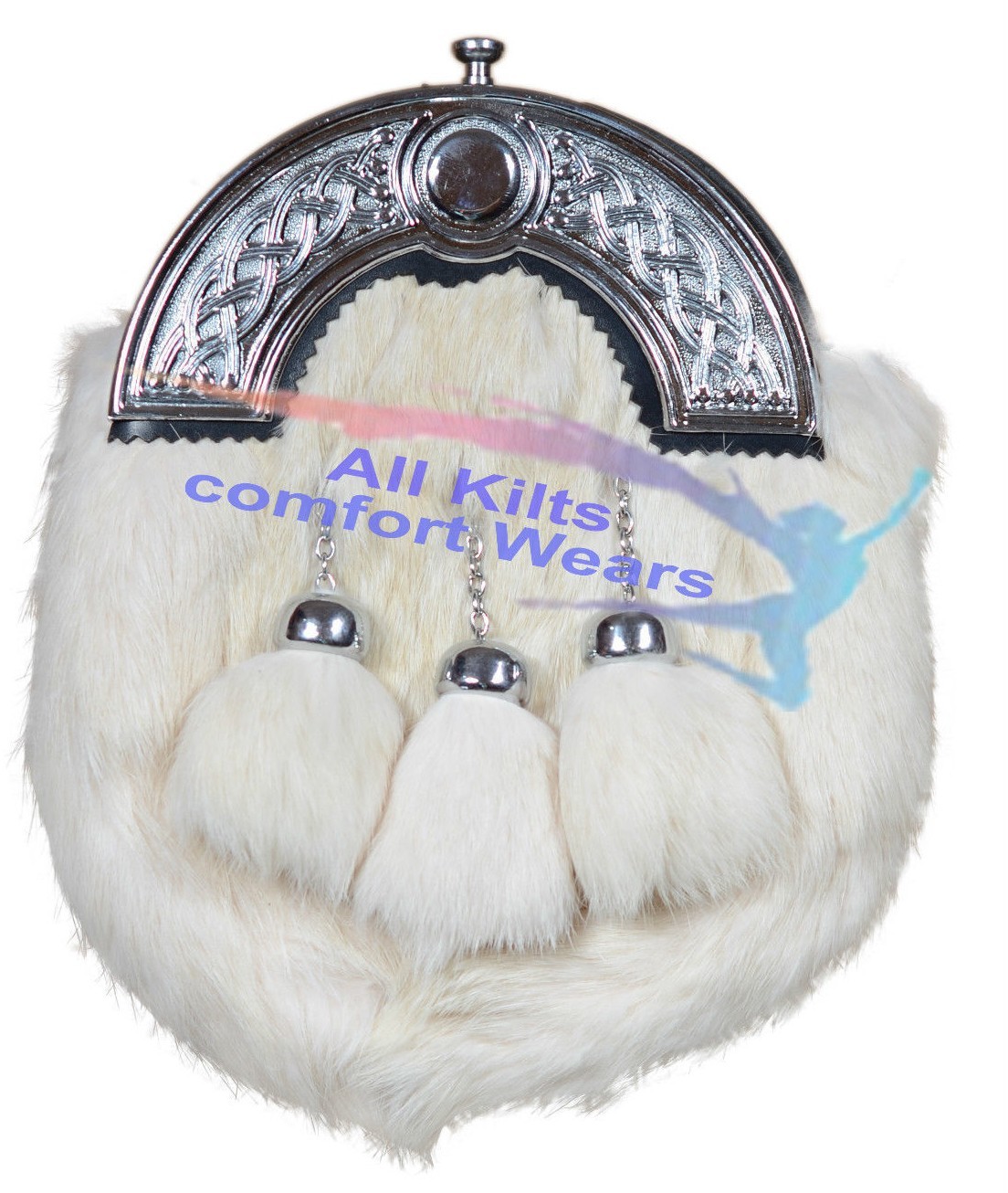 White Rabbit Fur Skin 3 Tassel Leather Kilt SPORRAN & Belt Scottish Bovine Purse