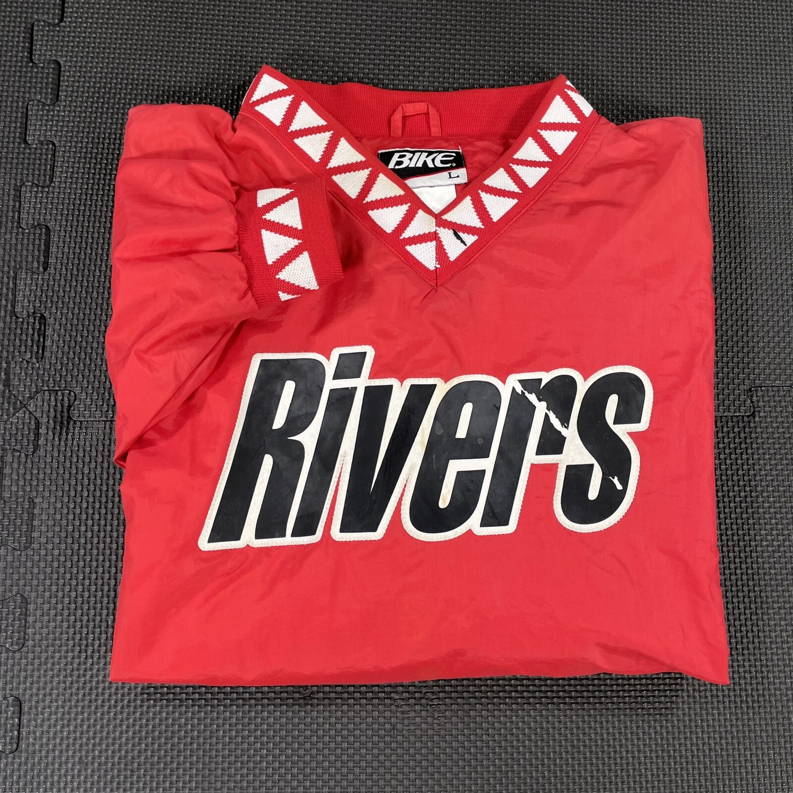 Vintage 80s 90s BIKE Pullover Jacket Large Red River Embroidered Spellout