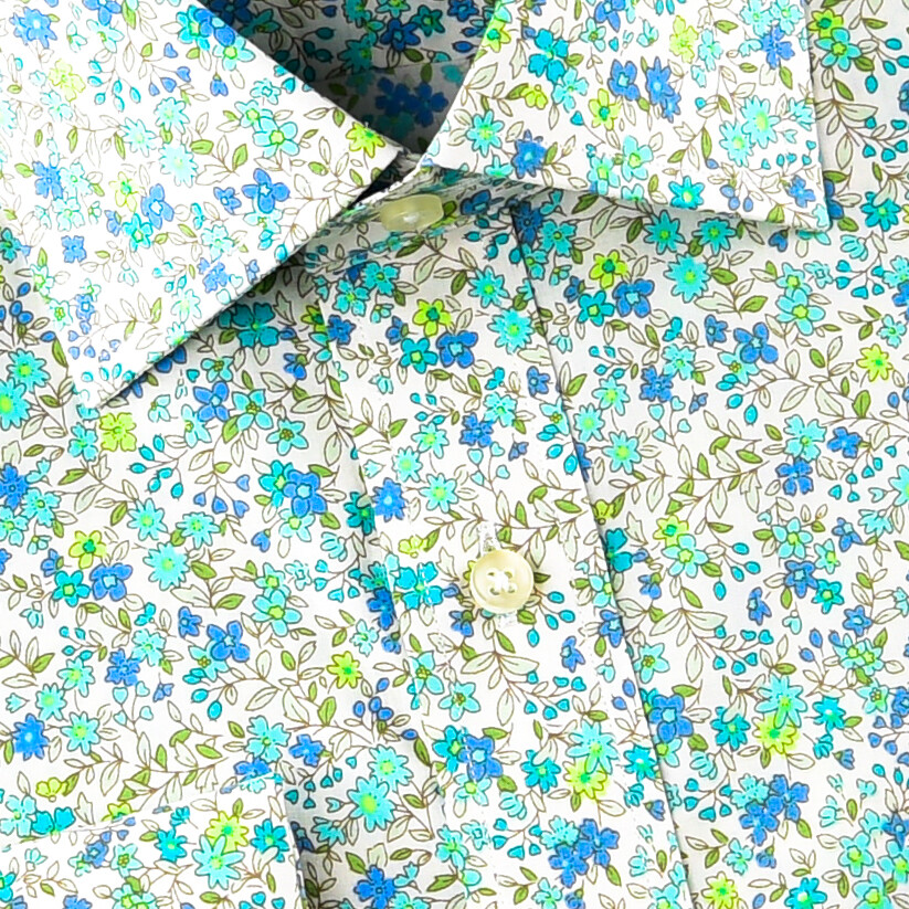 Elegant Green Flower Print Fabric Dress Shirt French Cuff For Holiday Wear
