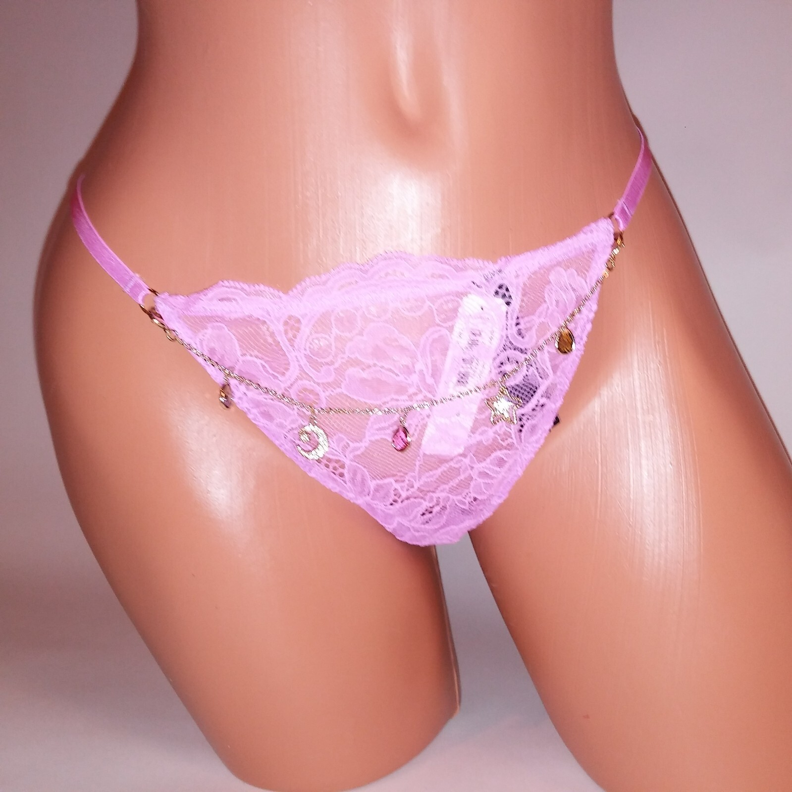 Victoria Secret Panty Thong V String Pinkish Purple Charm Chain Link Lace New