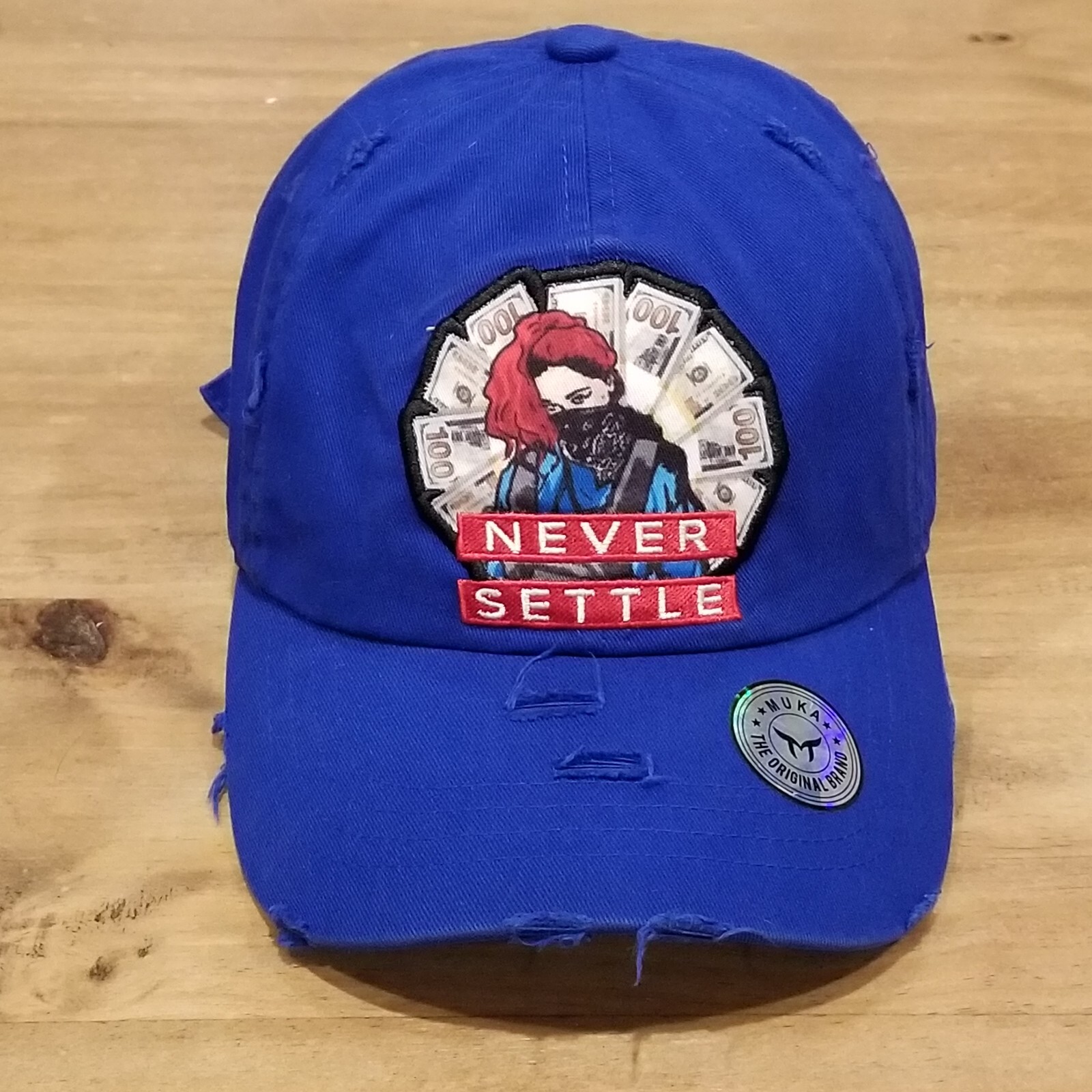 Never Settle Hat Cap Strap Back Blue Money Cash Logo One Size Adjustable Cotton