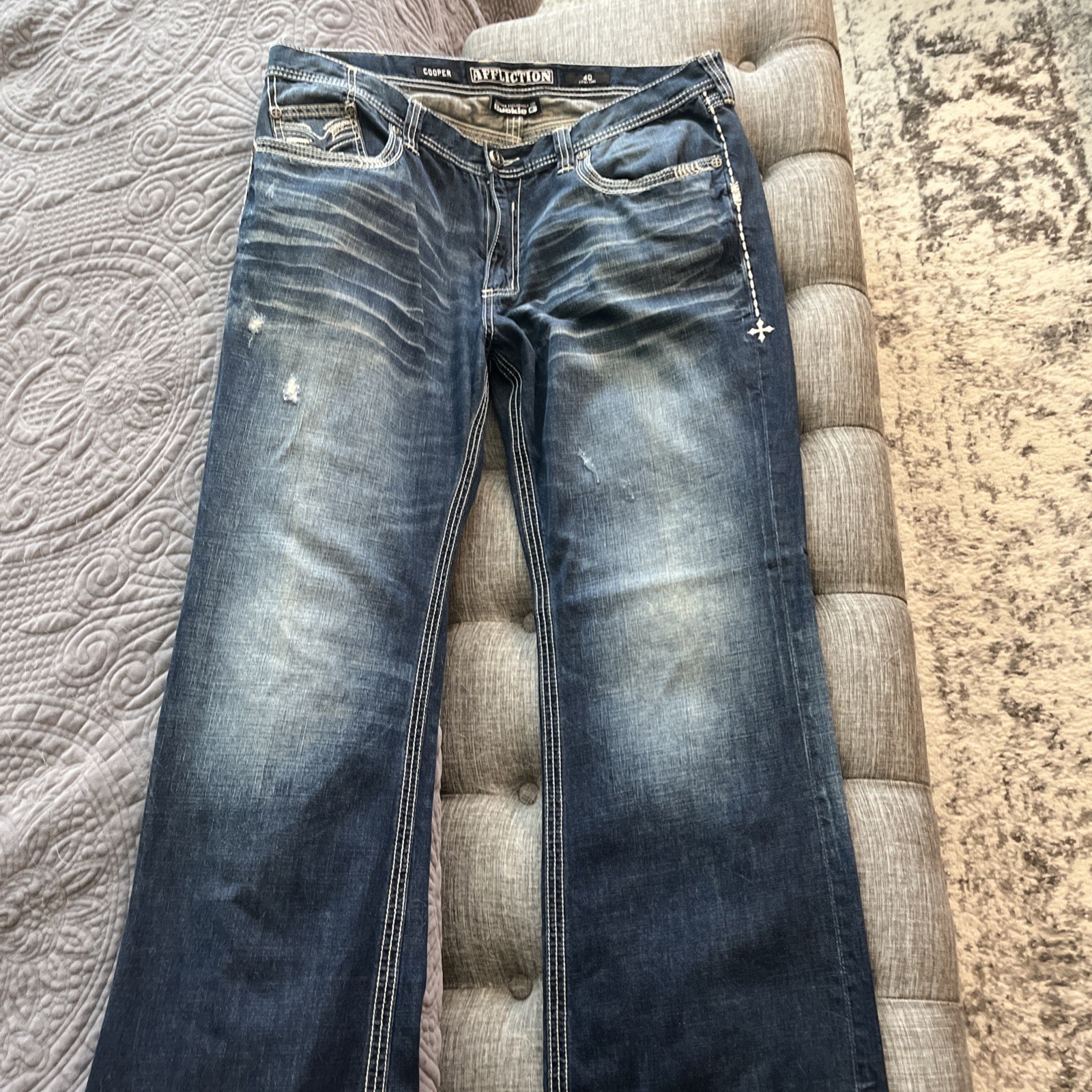 Affliction Jeans Mens 40X34 Cooper Straight Leg Thick Stitch Embroidered