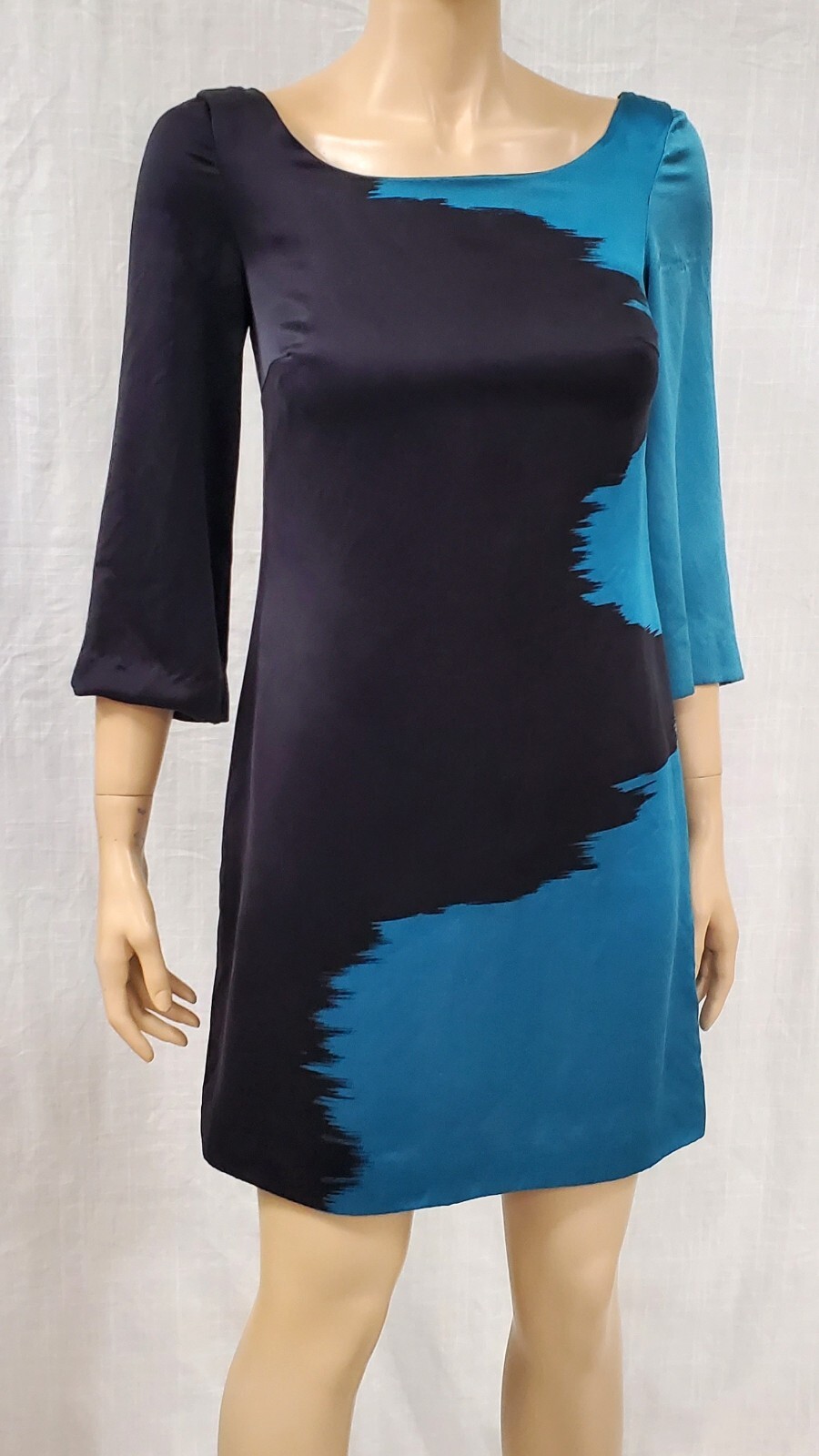 Jay Godfrey Modern Colorblock Silk Shift Dress Blue Black 3/4 Sleeve Womens 0