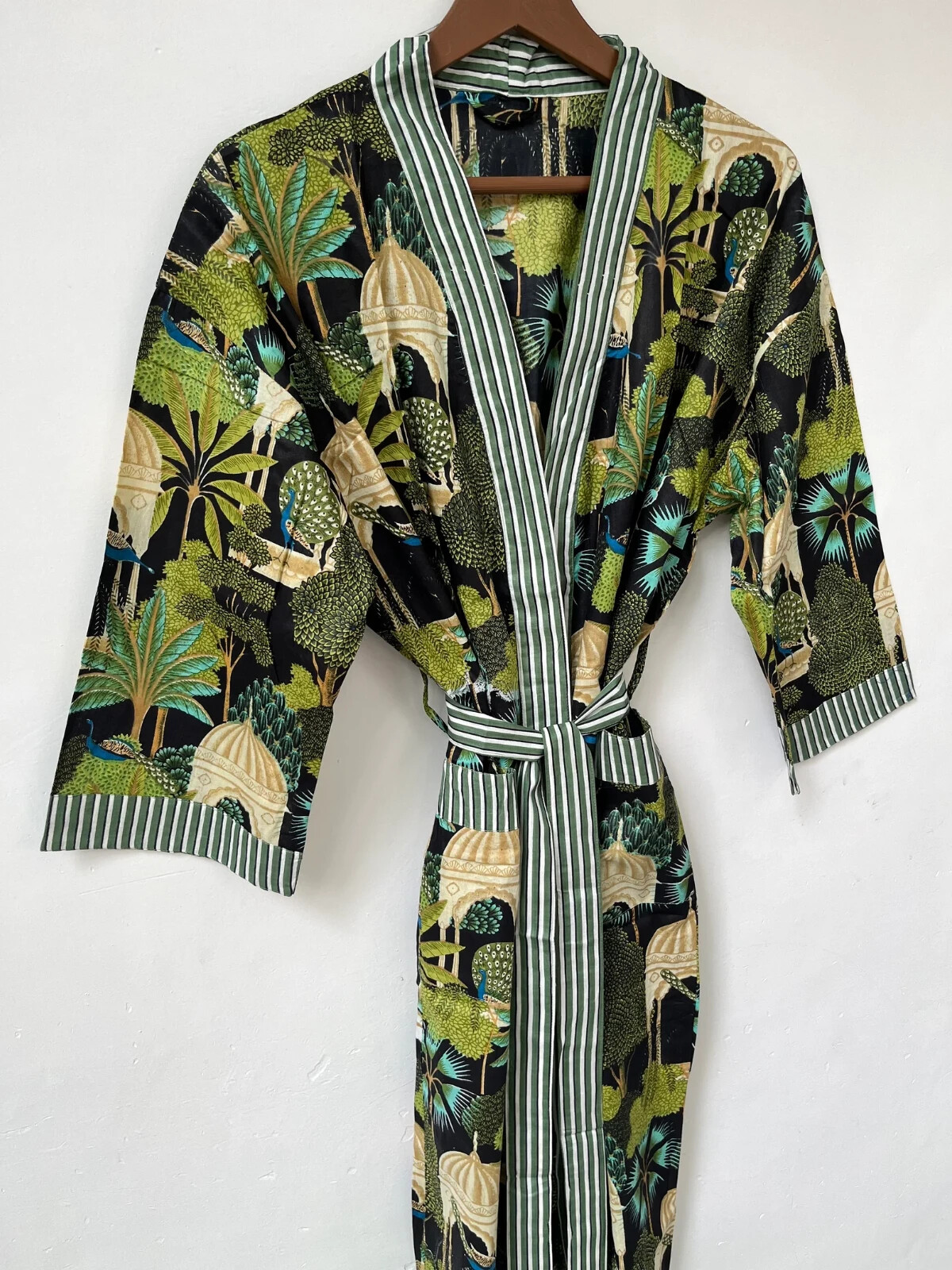 Indian Cotton Robe Long Kimono Sleepwear Black Floral Printed Night Kimono Robe