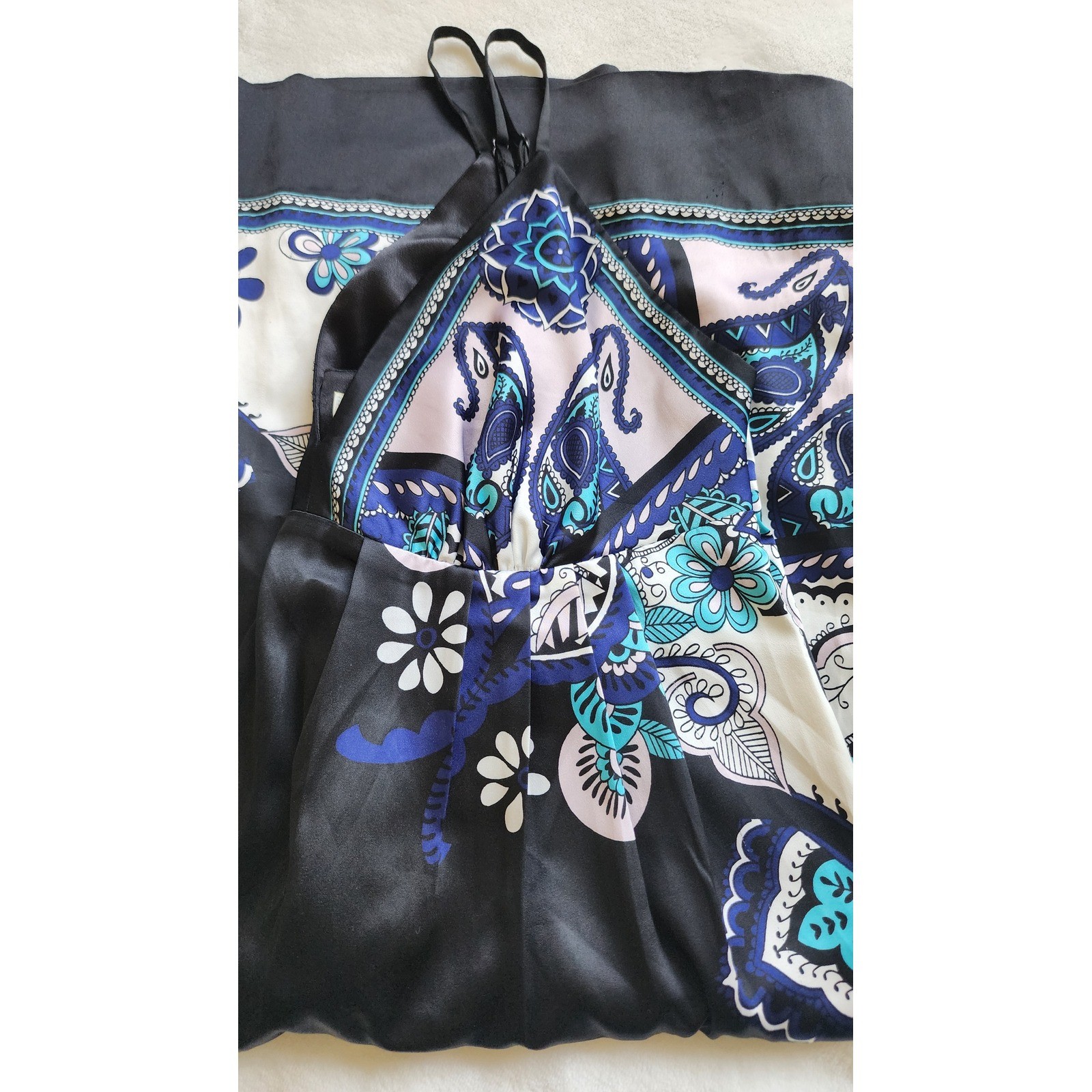 ICE Petite Women Black Blue Paisley Floral Satin Mini Dress Size 8P Boho Summer