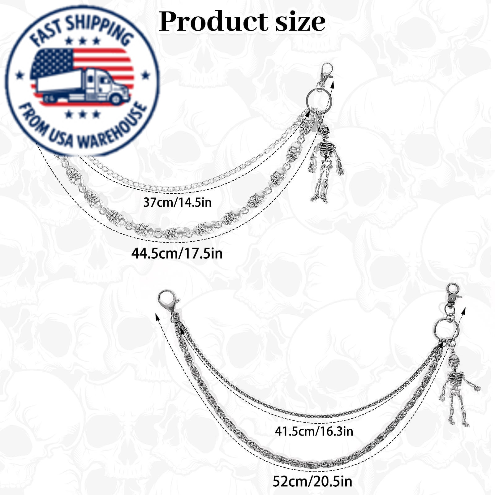 2 PCS Skull Pants Chain for Men Women Wallet Chains Standard, Silver